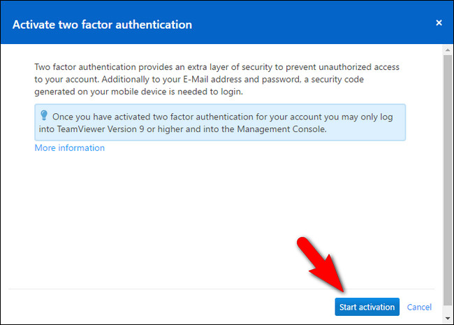 Старт активации двухфакторной аутентификации