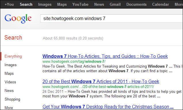 Скриншот: пример поиска по домену howtogeek.com