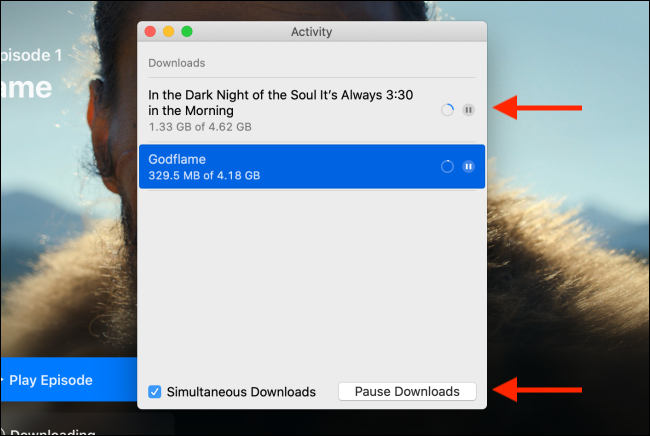 Управление загрузками через меню Downloads