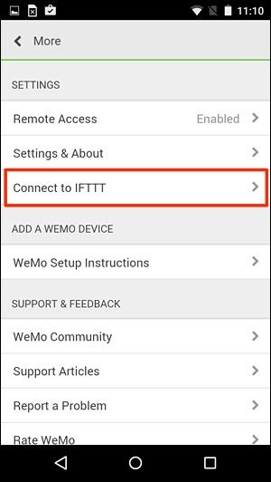 WeMoアプリのIFTTT接続画面のスクリーンショット