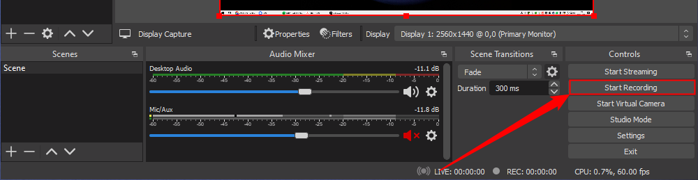 Нажмите кнопку «Start Recording» в OBS для захвата системного аудио