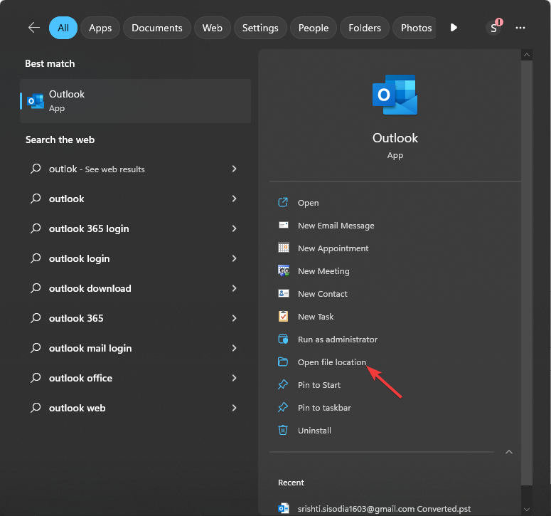 Расположение файла Outlook в Проводнике