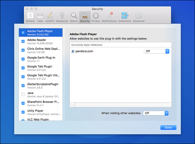 Список сайтов и состояние Flash для Pandora