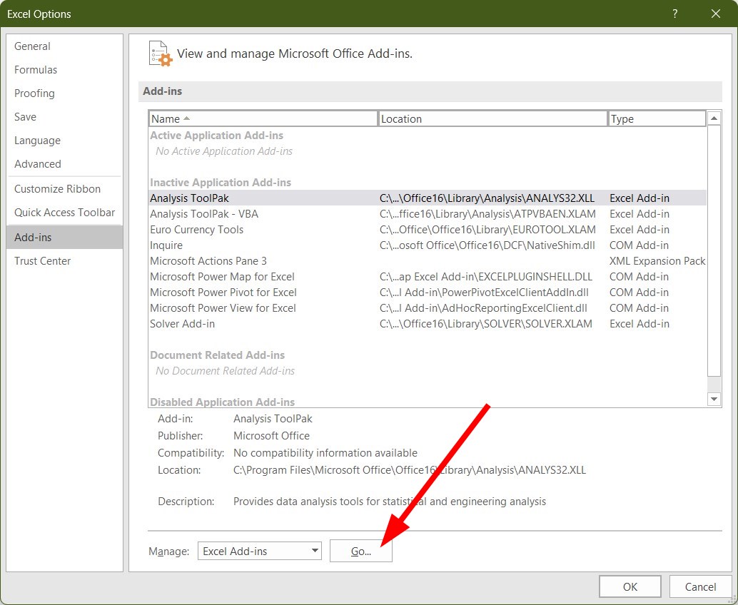 Нажатие кнопки «Перейти» для управления надстройками