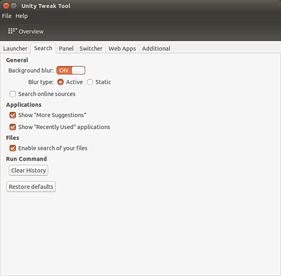 Вкладки Unity Tweak Tool: Launcher и Search