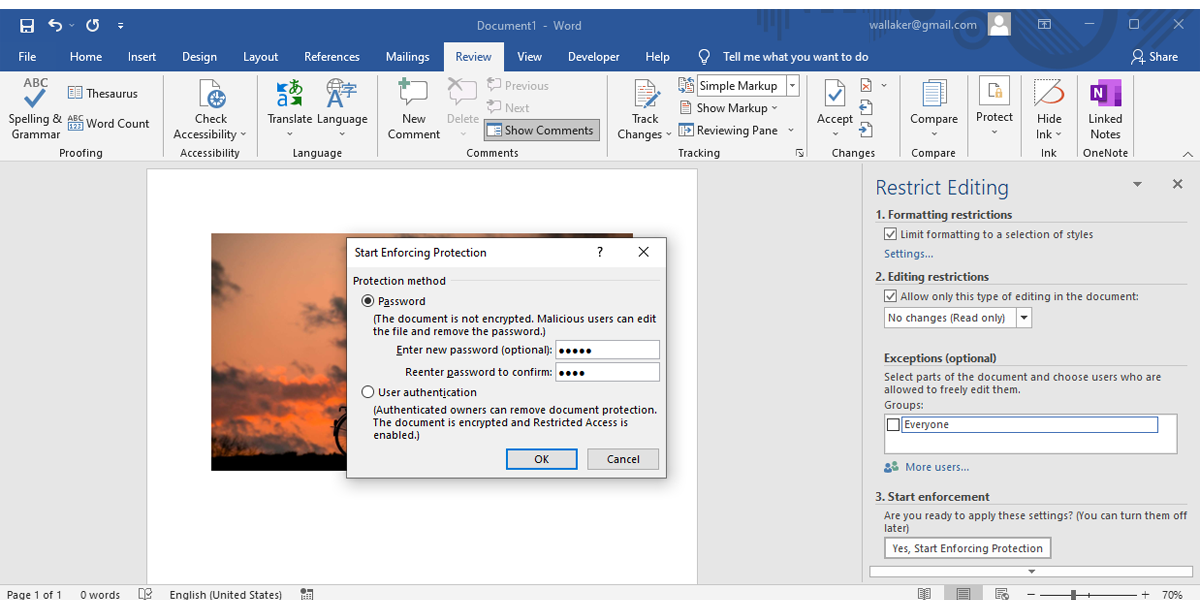 Окно установки пароля для защиты документа