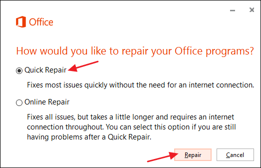 Выбор Быстрого ремонта или Онлайн-ремонта для Office