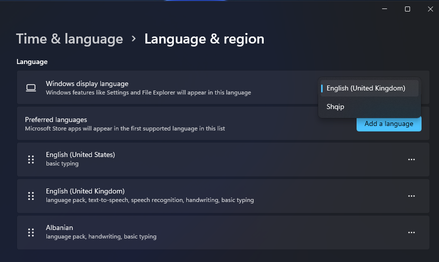 Выпадающее меню выбора языка отображения Windows