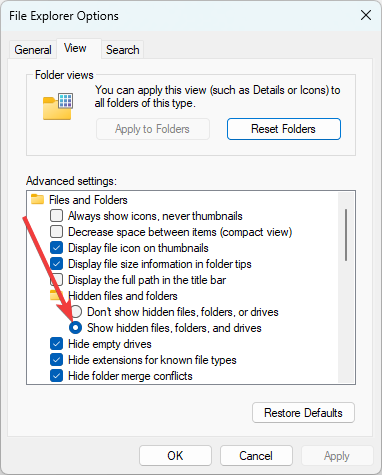 Выбор опции «Показывать скрытые файлы»