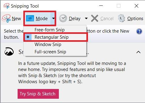 Opzione di modalità rettangolare nello Snipping Tool
