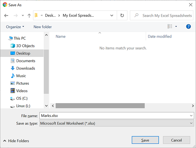 Сохранение скачанного Google Sheet как Excel в стандартном окне сохранения.