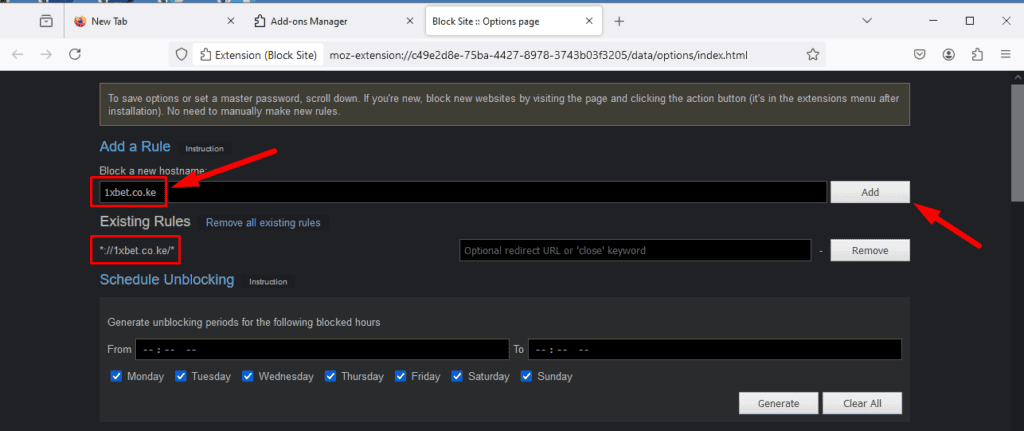 Поле Add a Rule для добавления URL и список Existing Rules