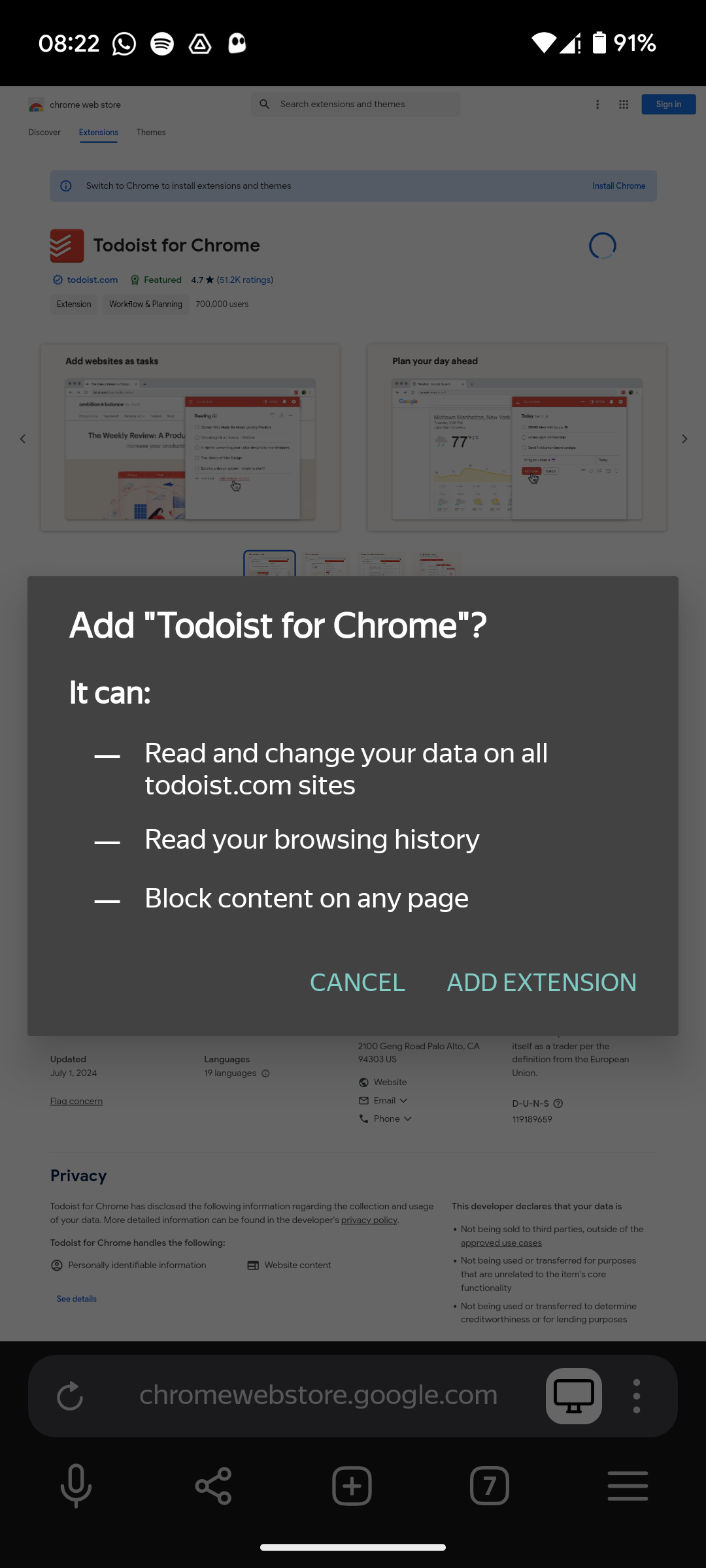 Установка расширения Todoist в Yandex Browser на Android