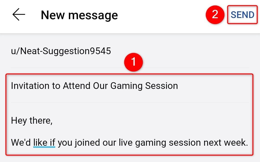Поле сообщения и кнопка 'Send' выделены в мобильном приложении Reddit.