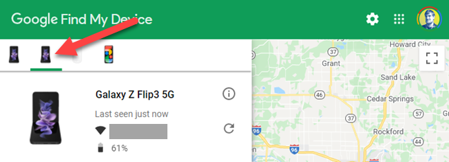 Метка устройства на карте в Google Find My Device