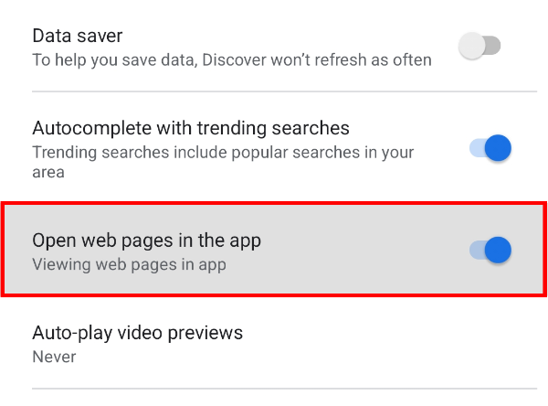 Отключите «Открывать веб-страницы в приложении», чтобы ссылки запускались в вашем основном браузере.