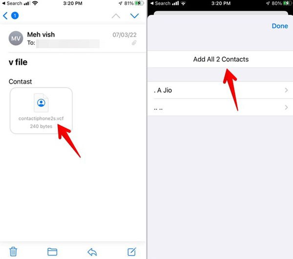 Импорт контактов в iPhone из прикреплённого CSV-файла в письме