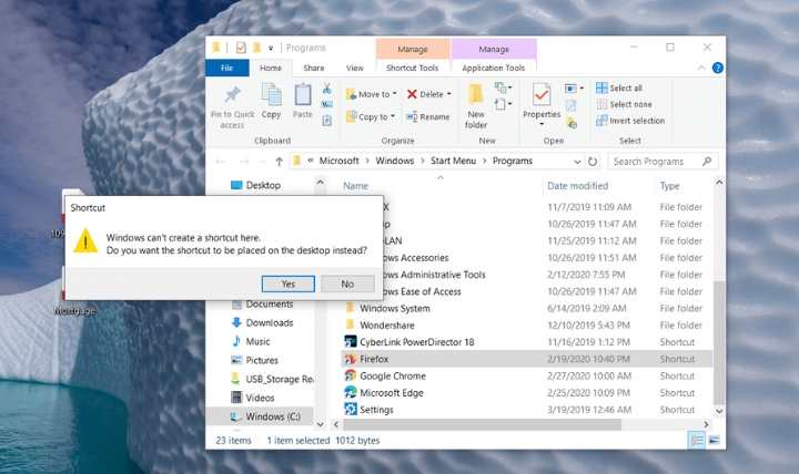 Предупреждение о создании ярлыка на рабочем столе