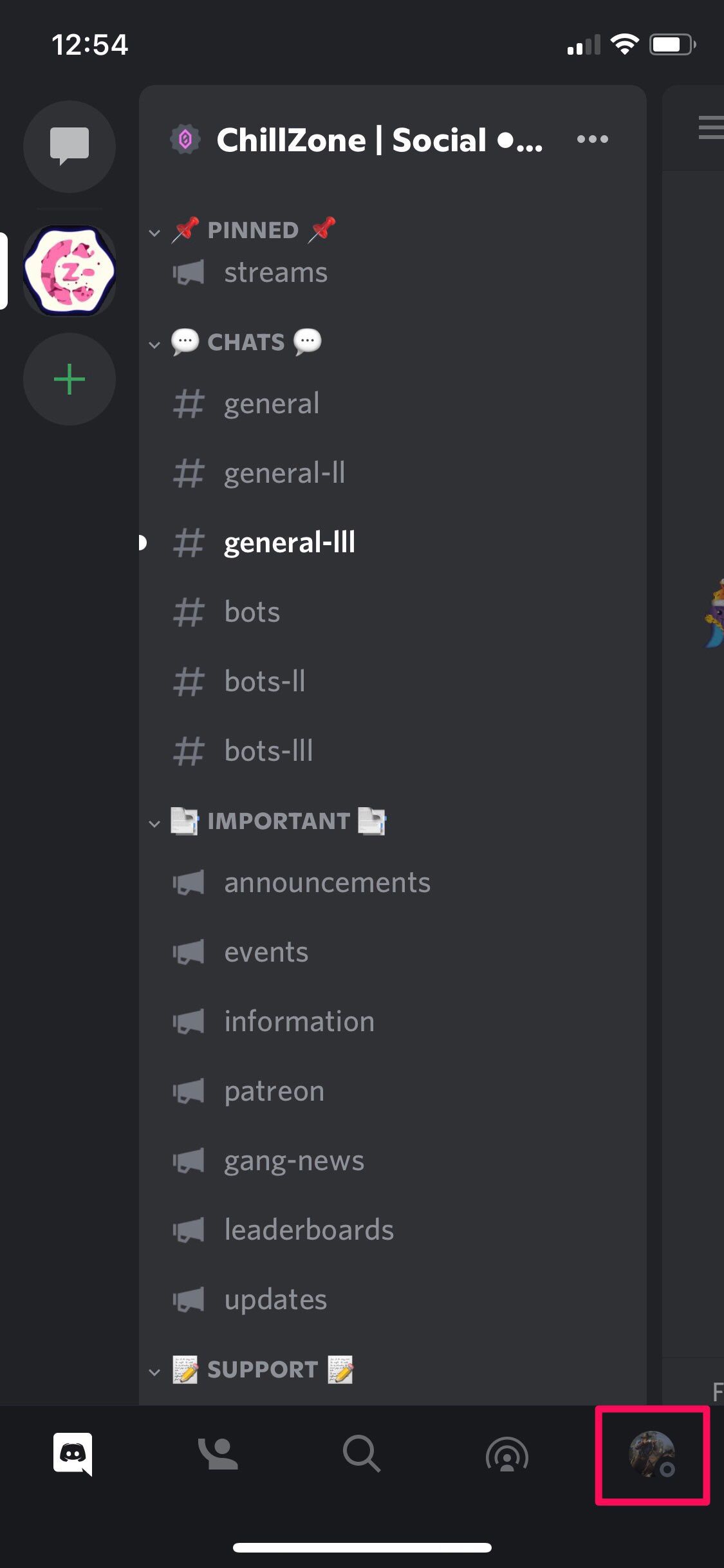Открытие меню настроек Discord на мобильном