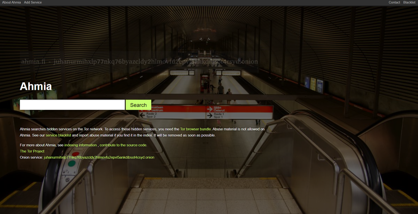 Скриншот поисковой системы Ahmia в открытой сети