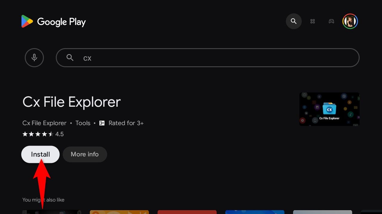 Подсказка 'Установить' выделена для Cx File Explorer на Android TV.