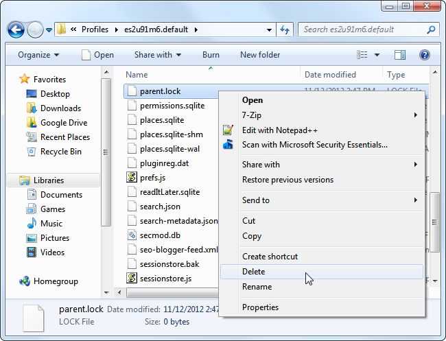 Archivo parent.lock en la carpeta de perfil de Firefox