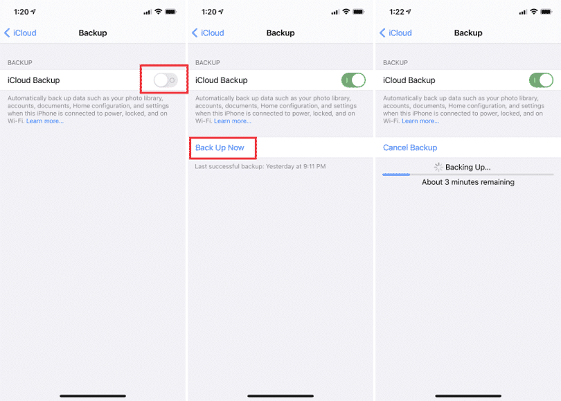Настройки iCloud на iPhone: переключатель «Резервное копирование iCloud»