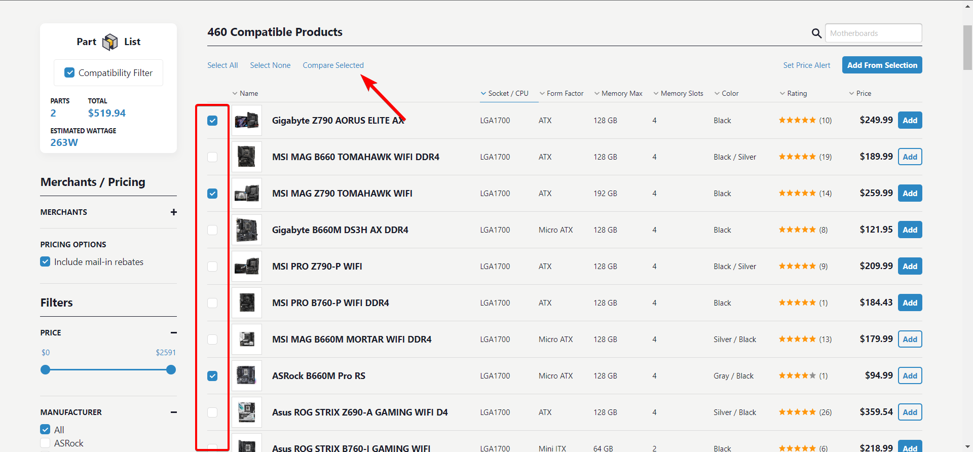 Функция Compare Selected для сравнения нескольких товаров