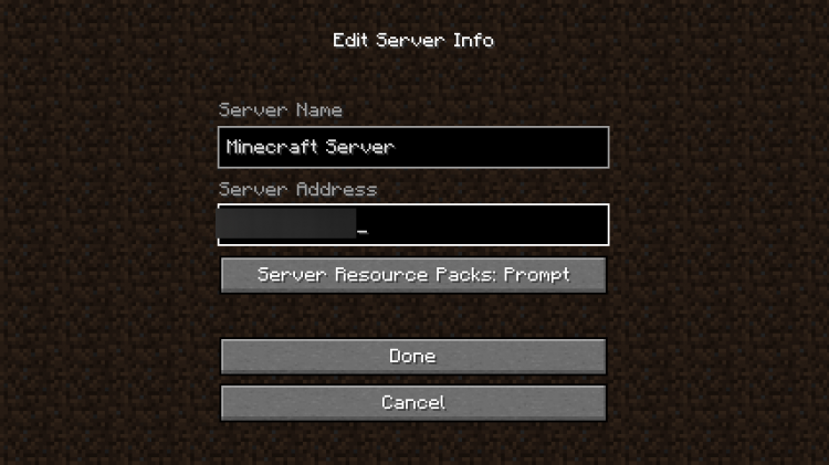 Добавление сервера в Minecraft — экран Add Server