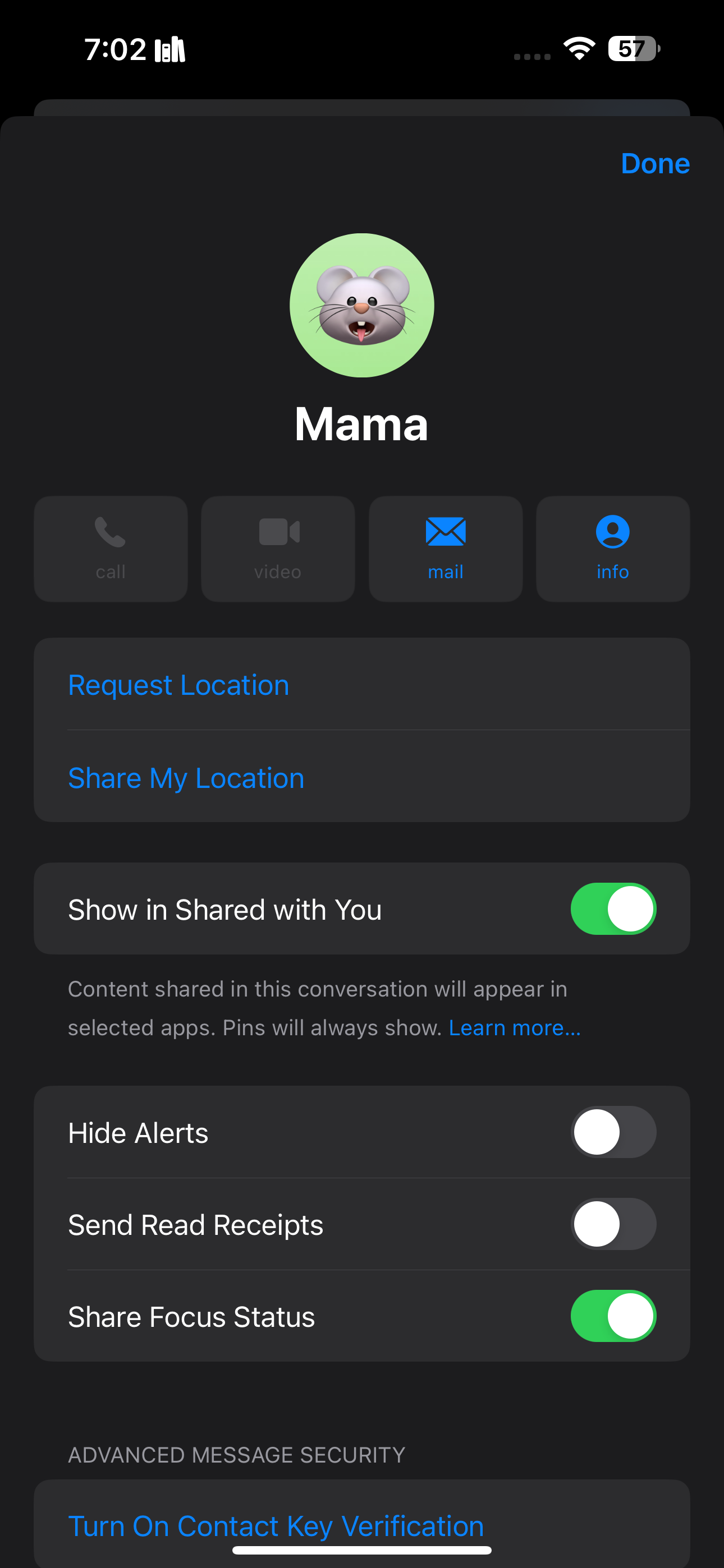 Настройка «Поделиться статусом Фокус» для контакта в «Сообщениях»