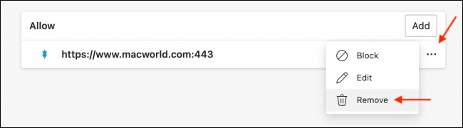 Нажмите Удалить, чтобы остановить уведомления от сайта