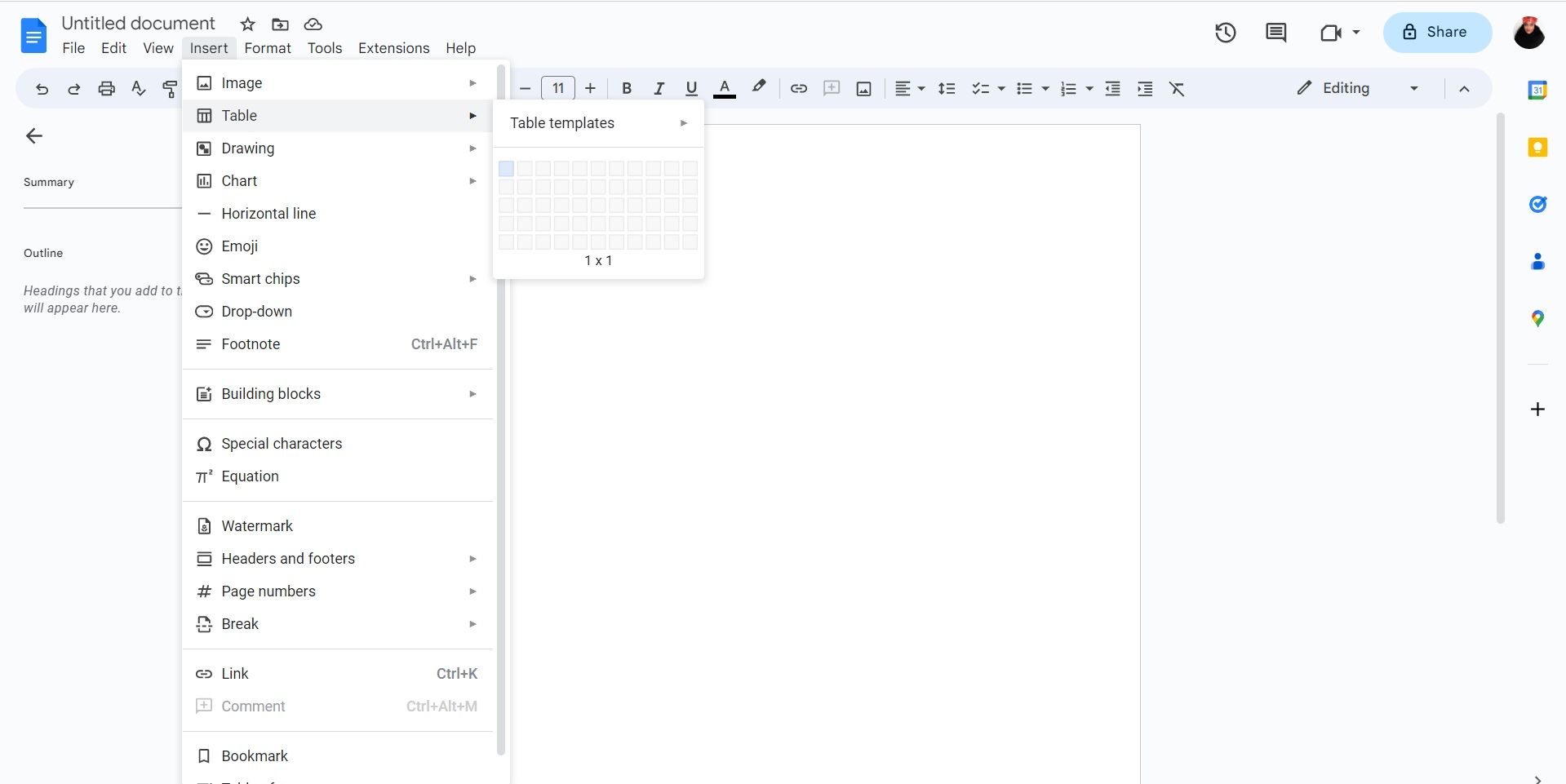 Вставка таблицы в Google Docs