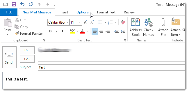 Окно сообщения Outlook с активной вкладкой Параметры