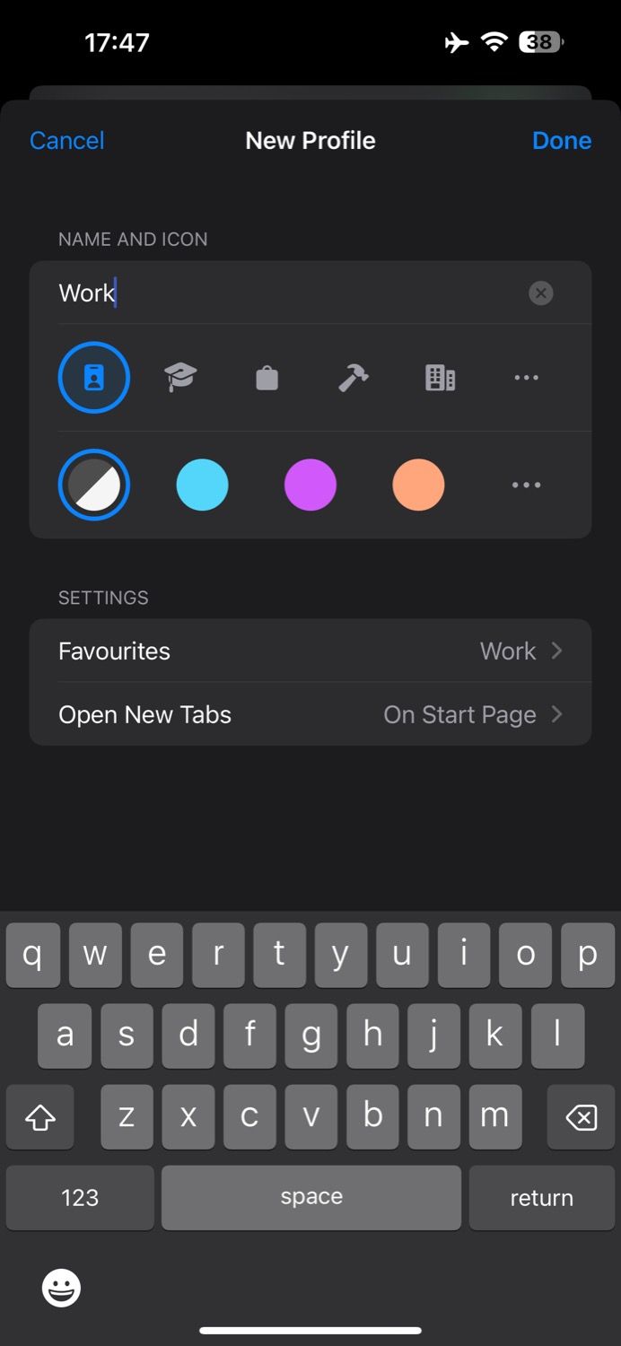 Настройка нового профиля Safari: имя, значок, цвет