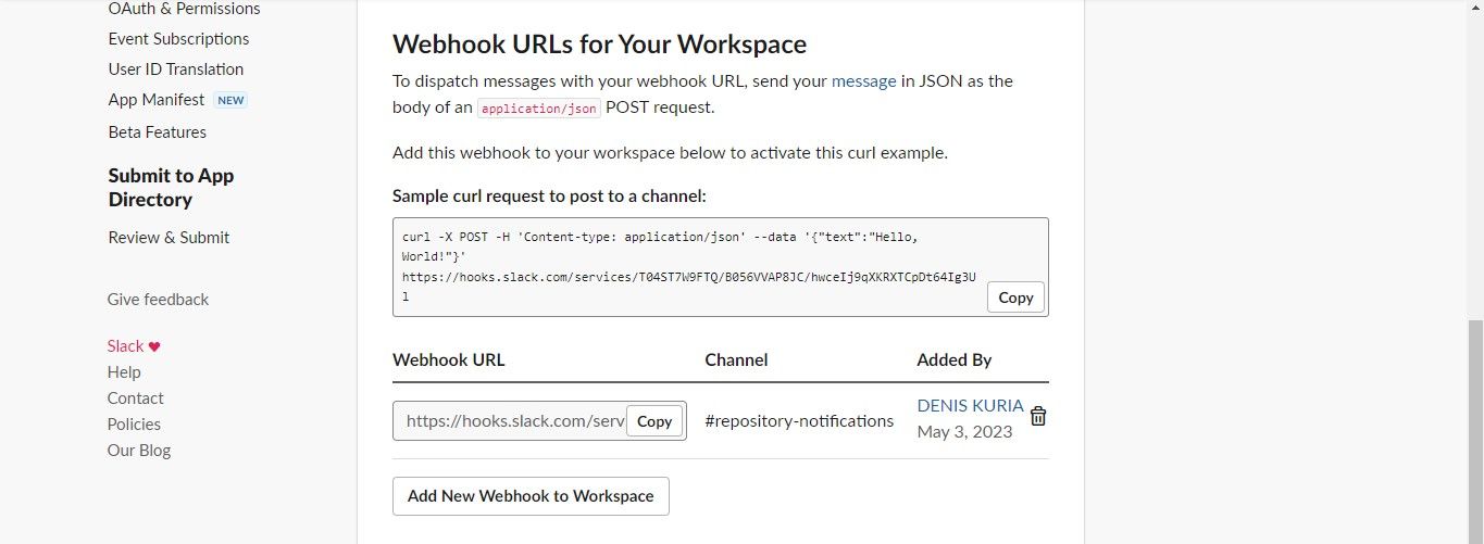 Страница с Webhook URL