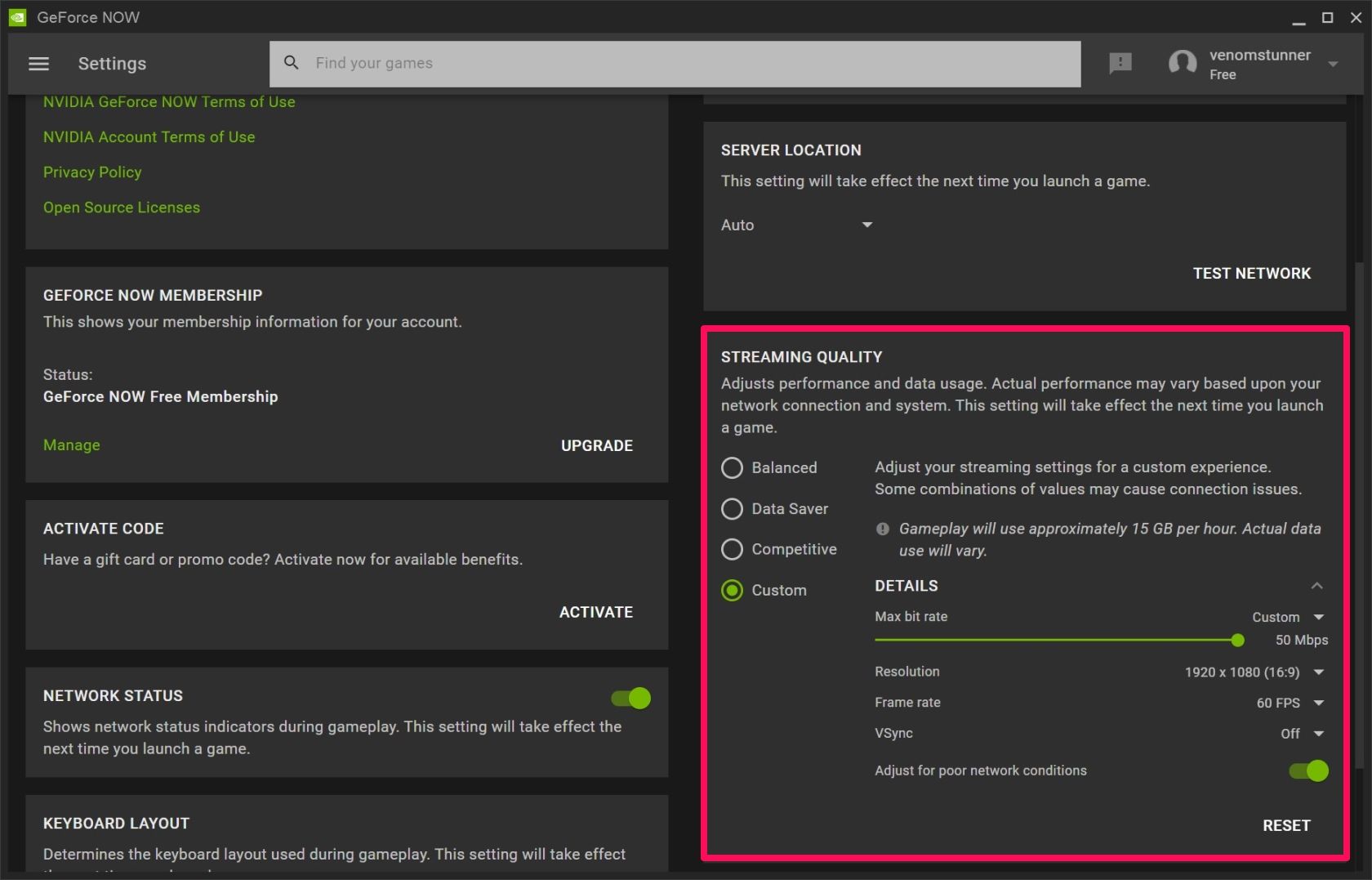 Настройки качества стрима GeForce Now