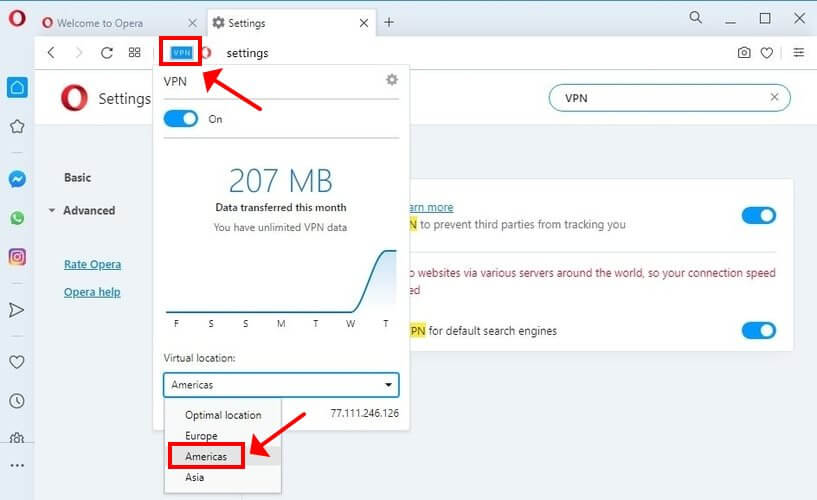 Выбор виртуального расположения VPN в Opera