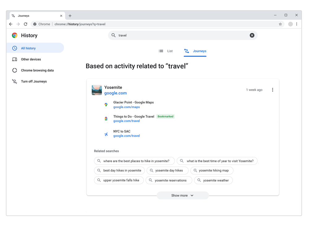 Функция Chrome Journeys группирует поисковые запросы по темам на основе истории пользователя