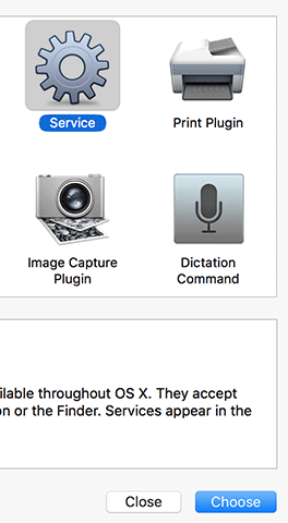 Выбор типа документа Служба в Automator