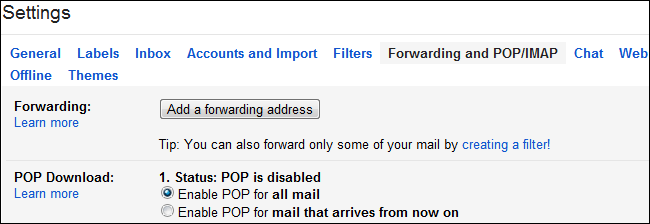 Скриншот включения POP в Gmail