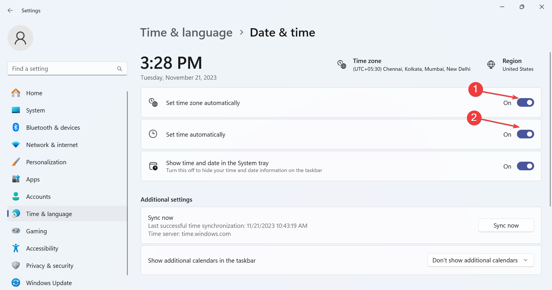 Включение автоматической установки времени