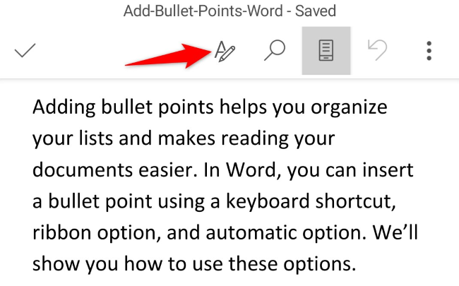 Значок с буквой A и карандашом в мобильном Word