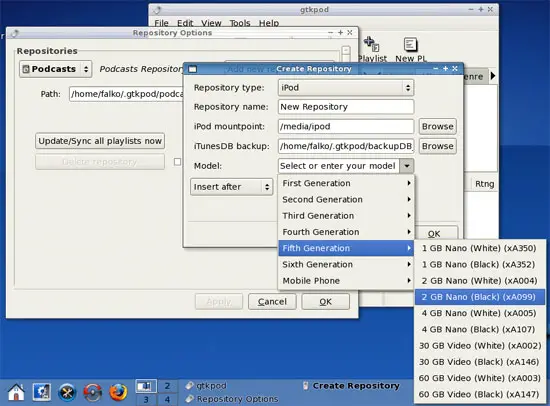 Выбор модели iPod и ввод имени репозитория