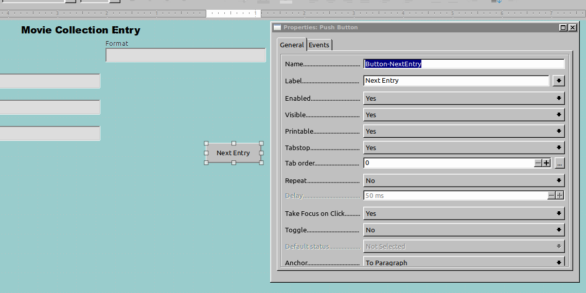 Редактирование свойств кнопки в LibreOffice Base