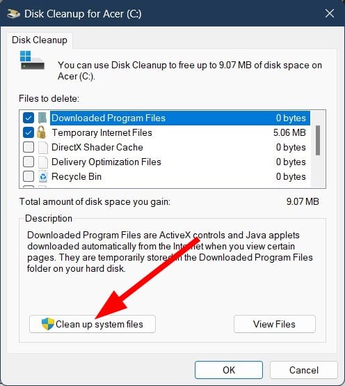 Опция очистки системных файлов в Disk Cleanup