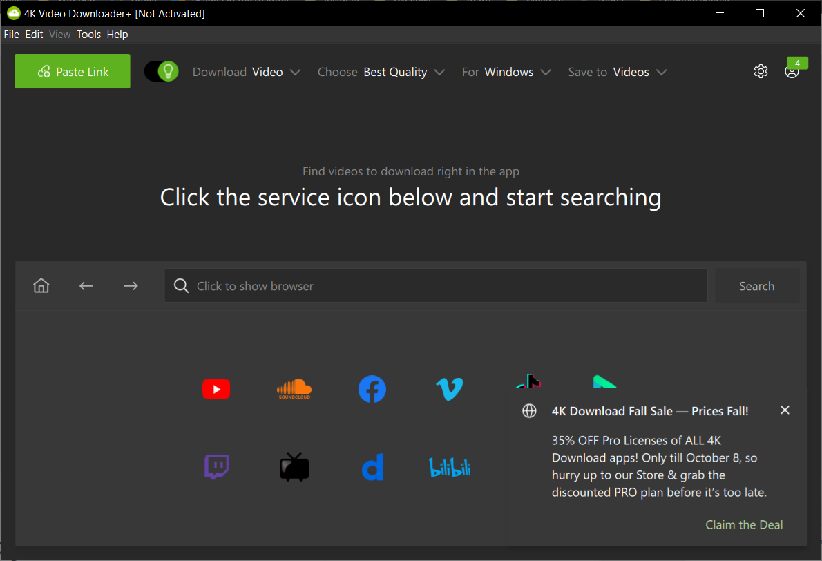 Главный экран 4K Video Downloader после установки