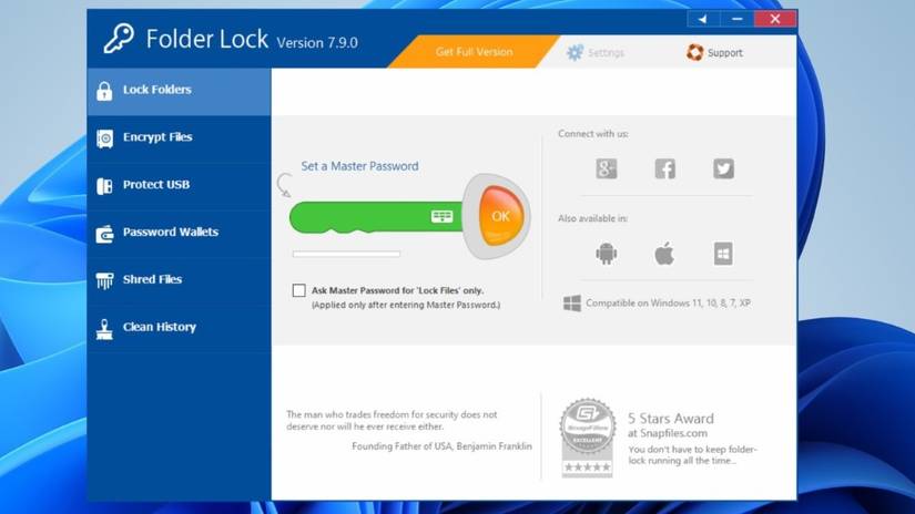 Интерфейс Folder Lock на Windows 11, пример блокировки папки и настройки пароля.