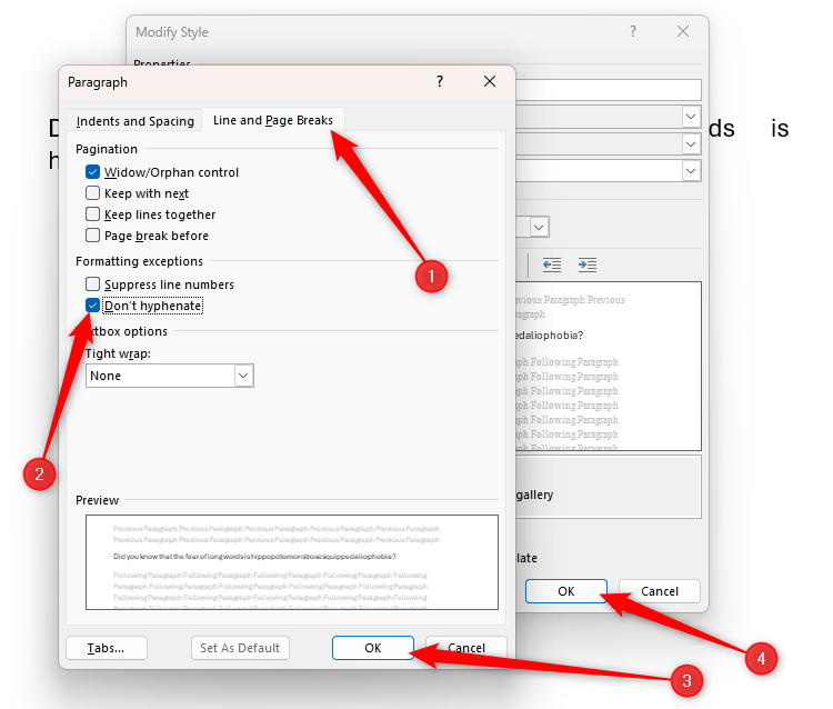 Опция Не переносить отмечена в диалоге стиля для абзаца.