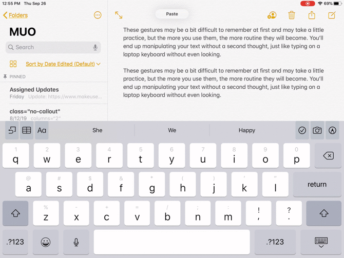 Жесты вырезания, вставки и отмены на iPadOS для быстрого редактирования