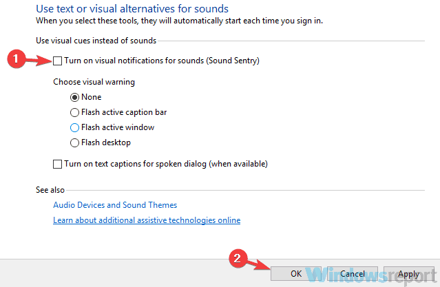 Отключение визуальных уведомлений для звуков